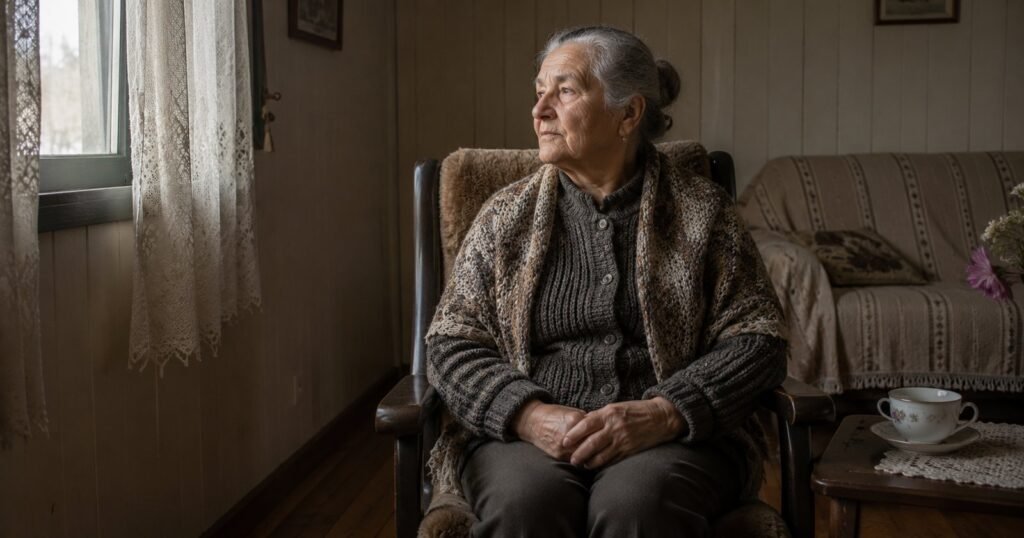 Senhora idosa sentada na sala de casa em fim de tarde, ambiente domestico simples